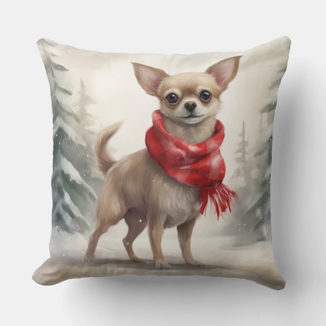 Chihuahua Dog in Snow Christmas  Cushion (Front)