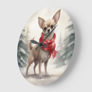 Chihuahua Dog in Snow Christmas Large Clock