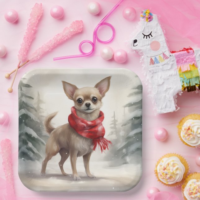 Chihuahua Dog in Snow Christmas  Paper Plate (Party)