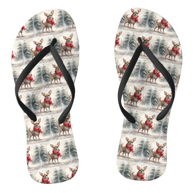 Chihuahua Dog in Snow Christmas  Thongs (Footbed)