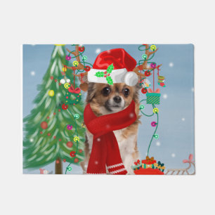 Chihuahua Dog in Snow with Christmas Gifts  Doormat