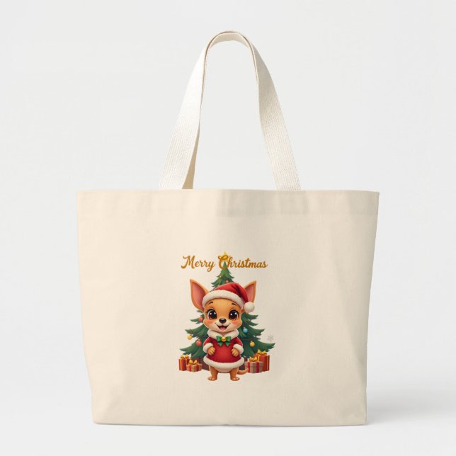 Chihuahua Dog Merry Christmas Large Tote Bag (Front)
