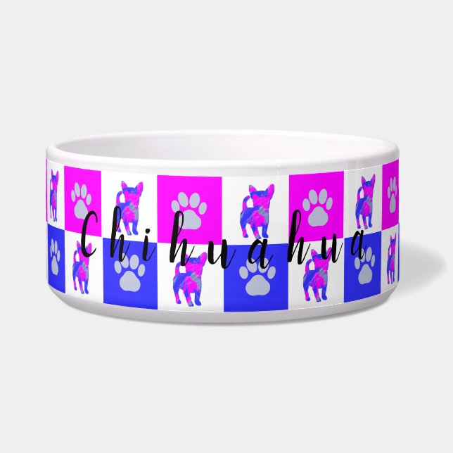 Chihuahua Dog & Paw Hot Pink and Blue Pet Bowl (Front)
