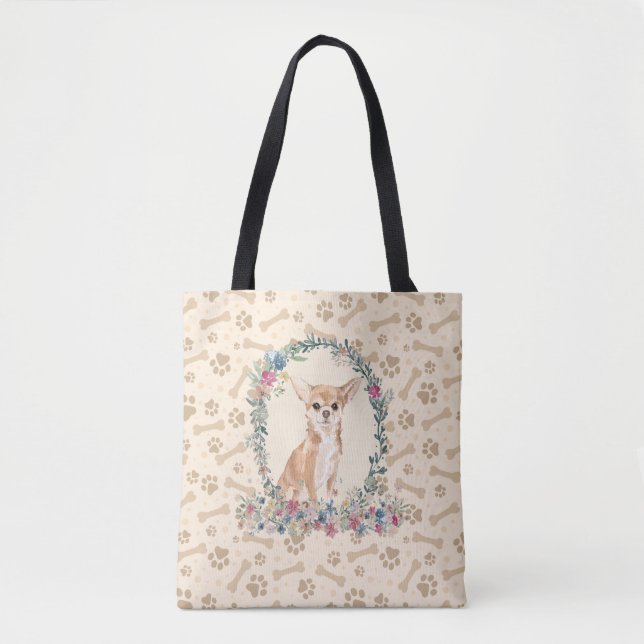 Chihuahua Dog Paw Print & Dog Bone Cute  Tote Bag (Front)