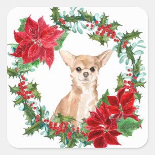 Chihuahua Dog Poinsettia Christmas Wreath Square Sticker