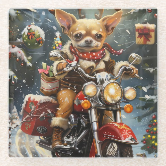 Chihuahua Dog Riding Motorcycle Christmas  Glass Coaster (Front)
