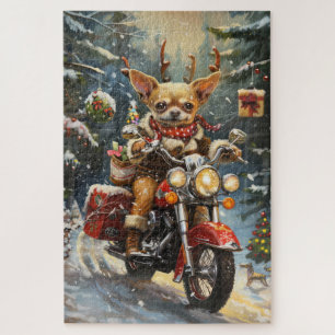 Chihuahua Dog Riding Motorcycle Christmas Jigsaw Puzzle