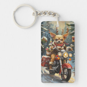 Chihuahua Dog Riding Motorcycle Christmas Key Ring