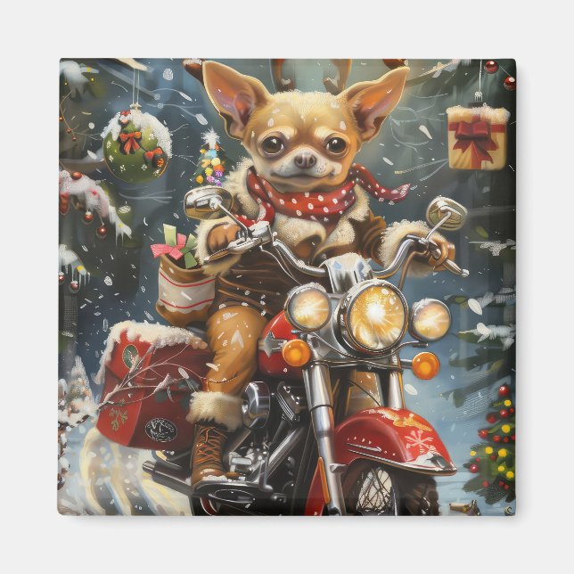 Chihuahua Dog Riding Motorcycle Christmas  Magnet (Front)