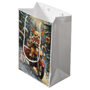 Chihuahua Dog Riding Motorcycle Christmas Medium Gift Bag