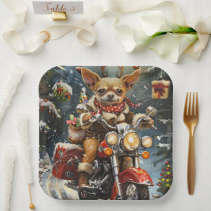 Chihuahua Dog Riding Motorcycle Christmas Paper Plate
