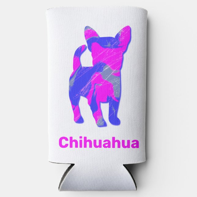Chihuahua Dog Silhouette Hot Pink & Blue Seltzer Can Cooler (Front)