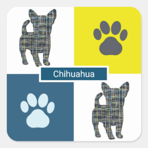 Chihuahua Dog Silhouette & Paw Y&B Grid Square Sticker