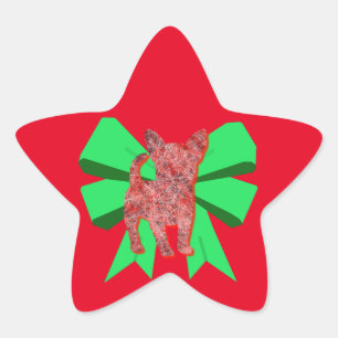 Chihuahua Dog Silhouette Red & Green Bow Christmas Star Sticker