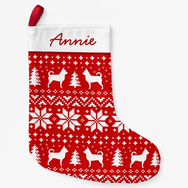 Chihuahua Dog Silhouettes Pattern Festive Holiday Small Christmas Stocking (Front)