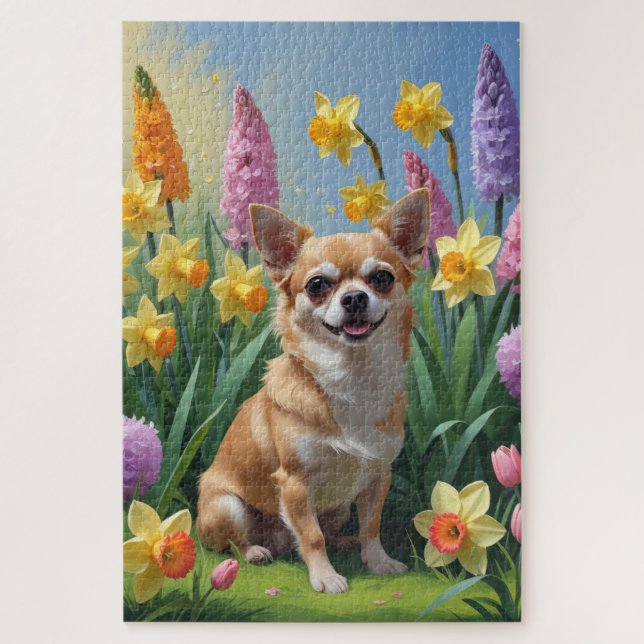 Chihuahua Dog Spring Flowers Painting Jigsaw Puzzle (Vertical)