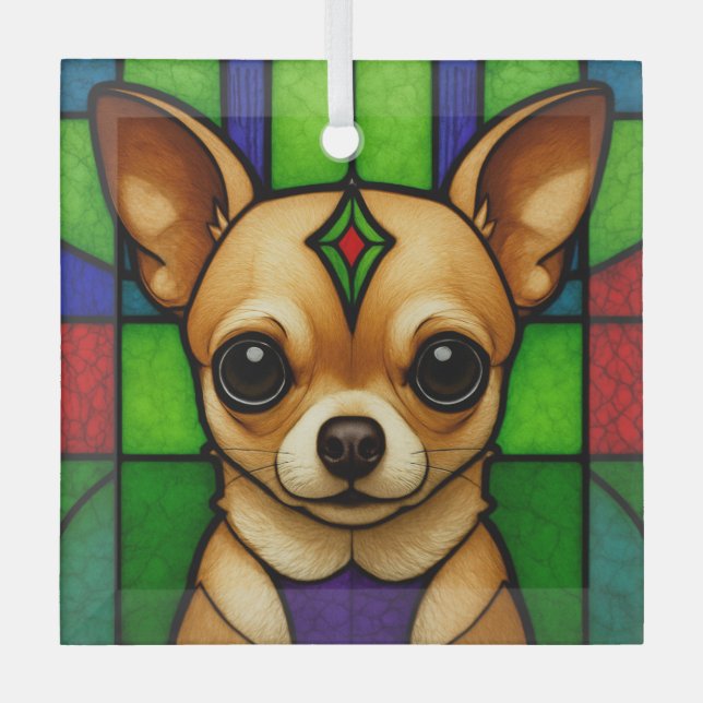 Chihuahua Dog "Stained Glass"  Glass Tree Decoration (Front)