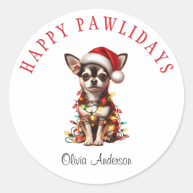 Chihuahua Dog tangled in Christmas lights  Classic Round Sticker (Front)