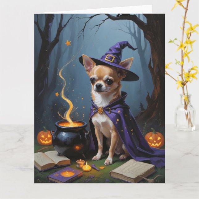 Chihuahua Dog Whimsical Halloween Painting Card (Yellow Flower)
