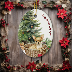 Chihuahua Dog Wicker Basket Christmas Ceramic Ornament