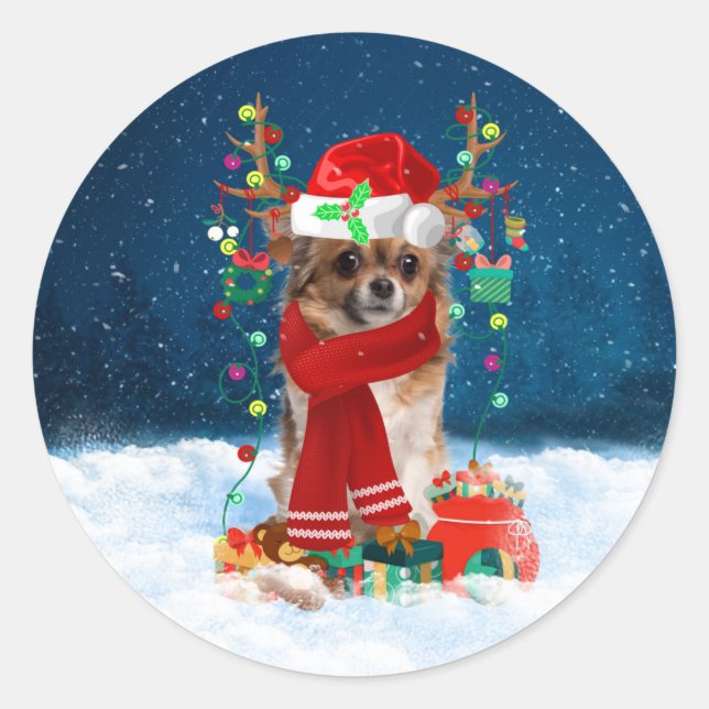 Chihuahua dog with Christmas gifts  Classic Round Sticker (Front)