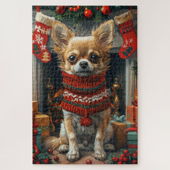 Chihuahua Dog With Christmas Gifts Fireplace Jigsaw Puzzle (Vertical)