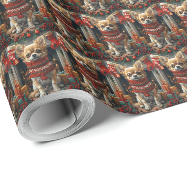 Chihuahua Dog With Christmas Gifts Fireplace Wrapping Paper (Roll Corner)