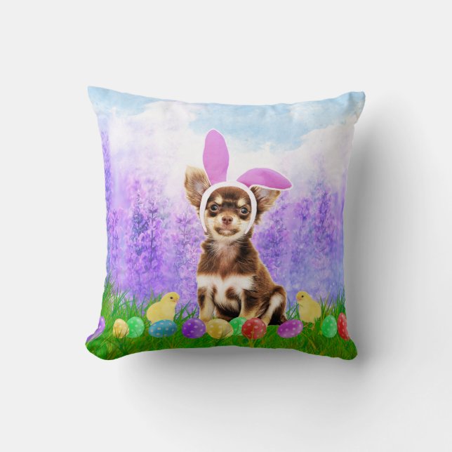Chihuahua Dog with Easter Eggs Bunny Chicks Cushion (Front)