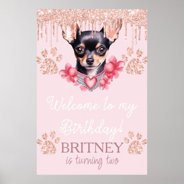 Chihuahua Dog with Glitter Birthday Welcome Party Poster (Front)