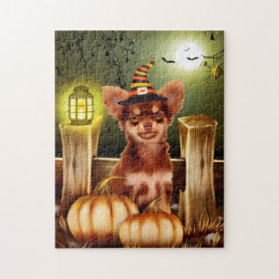Chihuahua Dog with Witch Hat Halloween Gift Idea Jigsaw Puzzle