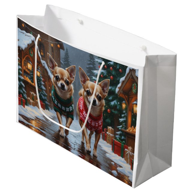 Chihuahua Dogs Christmas Snow Holiday Large Gift Bag (Front Angled)