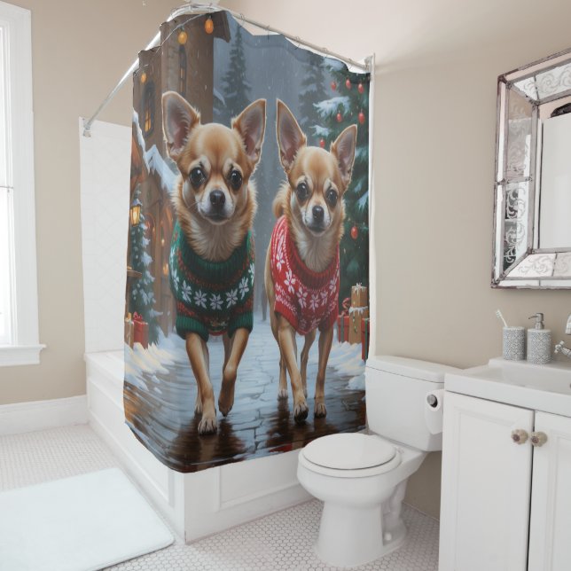 Chihuahua Dogs Christmas Snow Holiday Shower Curtain (In Situ)