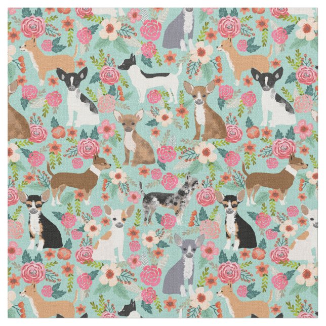 Chihuahua dogs florals mint fabric (Close Up)