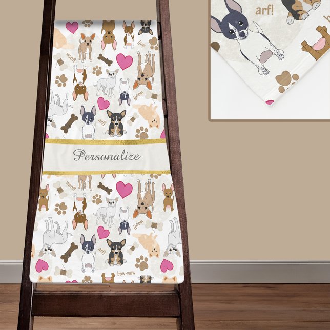 Chihuahua Dogs Paw Prints Hearts Bone Text Pattern Fleece Blanket (Chihuahua Dogs Paw Prints Hearts Bone Text Pattern Fleece Blanket. Personalize with a name.)