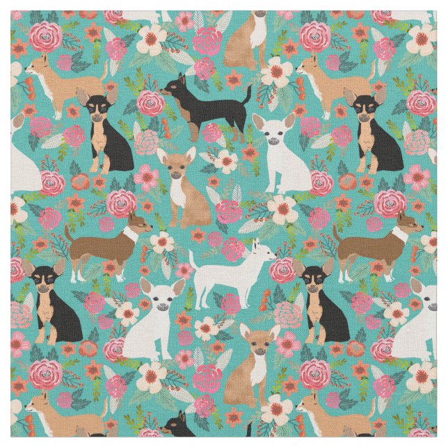 Chihuahua dogs vintage florals turquoise fabric (Close Up)