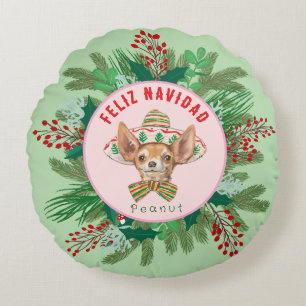 Chihuahua Feliz Navidad Happy Hollidays wreath Round Cushion