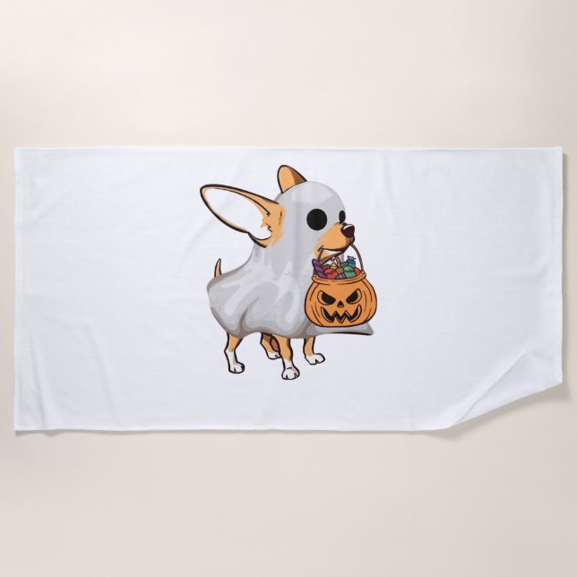 Chihuahua Ghost Pumpkin Halloween Shirt Beach Towel (Front)