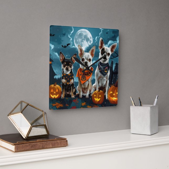 Chihuahua Halloween Spooky Square Wall Clock (Office)