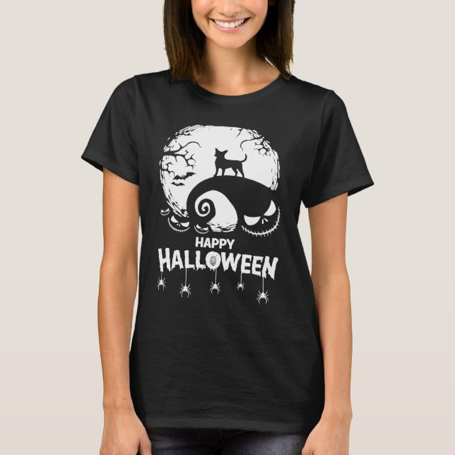 Chihuahua Happy Halloween Spooky Bats Moon Pumpkin T-Shirt (Front)