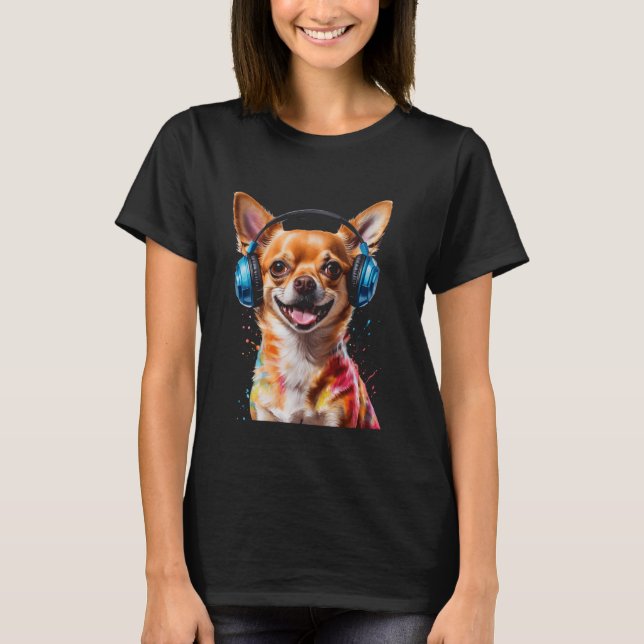 Chihuahua Headphones Dog Funny Animal Art Print Gr T-Shirt (Front)