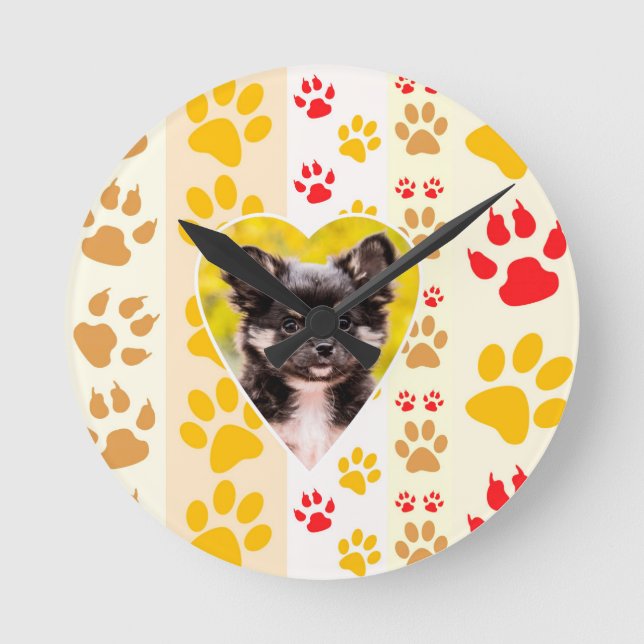 Chihuahua Heart Paw Prints Round Clock (Front)