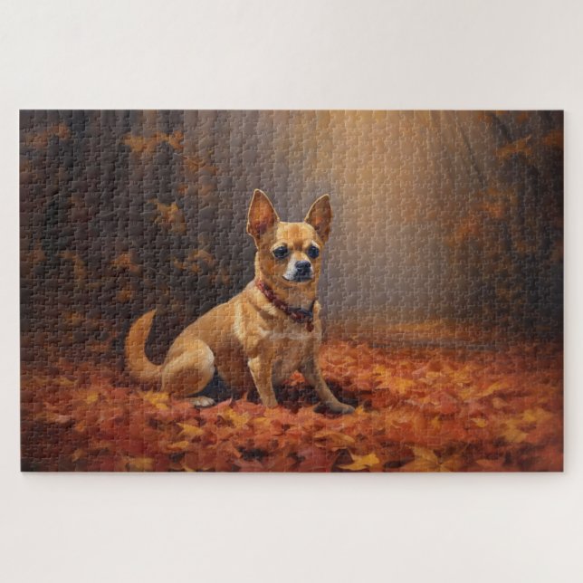 Chihuahua in Autumn Leaves Fall Inspire  Jigsaw Puzzle (Horizontal)