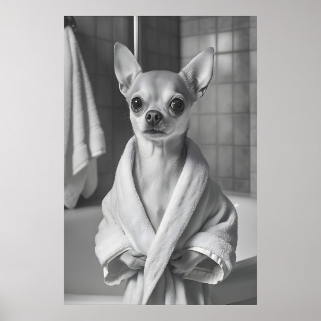 Chihuahua in Bathrobe Art Print, Funny Bathroom Poster (Front)