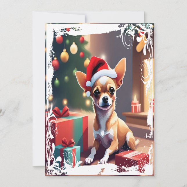 Chihuahua in Christmas Hat Holiday Card (Front)