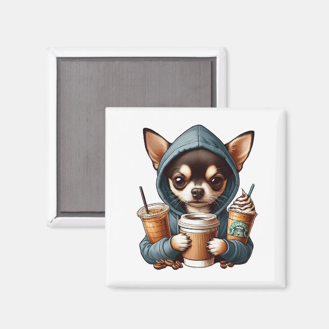Chihuahua in Hooded Sweatshirt Holding Coffee  Magnet (Front/Back)