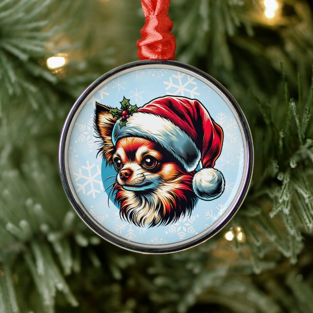 Chihuahua in Santa Hat Christmas Metal Ornament (Tree)
