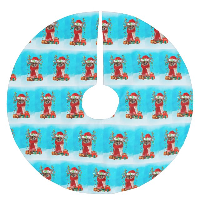 Chihuahua in snow with Christmas gifts Brushed Polyester Tree Skirt (Front)