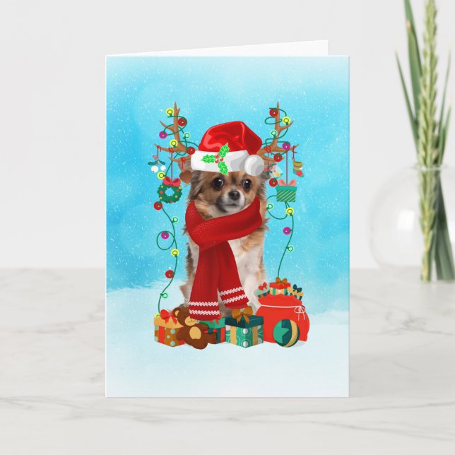 Chihuahua in snow with Christmas gifts Card (Front)