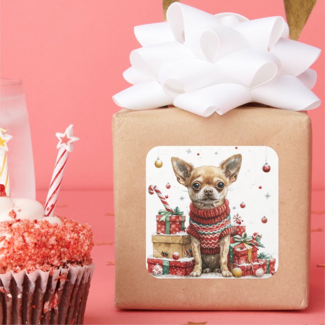 Chihuahua in Sweater with Gift Boxes Square Sticker (Party)