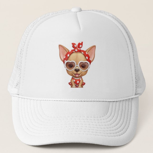 Chihuahua in the Guise of a Retro Beauty Trucker Hat (Front)